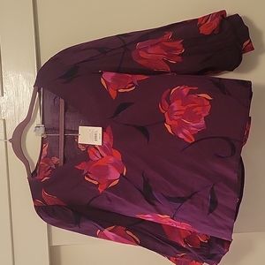 A New Day Bishop Sleeve Purple and Red Print V Neck Blouse.